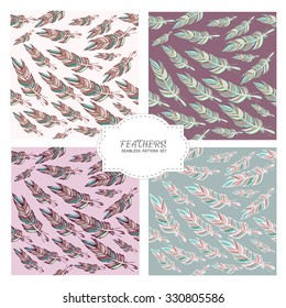 Feathers  seamless pattern set. Colorful vector texture