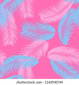 Feathers Seamless Pattern. Tropical Background. Jungle Foliage in Pastel Color Design. Abstract Exotic Wallpaper with Palm Leaves. Pink Feathers for Design, Cloth, Fabric, Textile. EPS10 Vector.