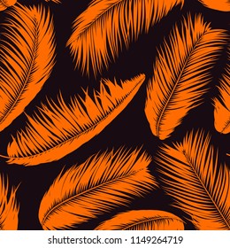 Feathers Seamless Pattern. Tropical Background. Jungle Foliage in Pastel Color Design. Abstract Exotic Wallpaper with Palm Leaves. Pink Feathers for Design, Cloth, Fabric, Textile. EPS10 Vector.