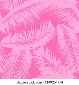 Feathers Seamless Pattern. Tropical Background. Jungle Foliage in Pastel Color Design. Abstract Exotic Wallpaper with Palm Leaves. Pink Feathers for Design, Cloth, Fabric, Textile. EPS10 Vector.