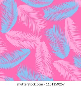 Feathers Seamless Pattern. Tropical Background. Jungle Foliage in Pastel Color Design. Abstract Exotic Wallpaper with Palm Leaves. Pink Feathers for Design, Cloth, Fabric, Textile. EPS10 Vector.