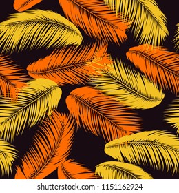 Feathers Seamless Pattern. Tropical Background. Jungle Foliage in Pastel Color Design. Abstract Exotic Wallpaper with Palm Leaves. Pink Feathers for Design, Cloth, Fabric, Textile. EPS10 Vector.