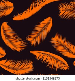 Feathers Seamless Pattern. Tropical Background. Jungle Foliage in Pastel Color Design. Abstract Exotic Wallpaper with Palm Leaves. Pink Feathers for Design, Cloth, Fabric, Textile. EPS10 Vector.