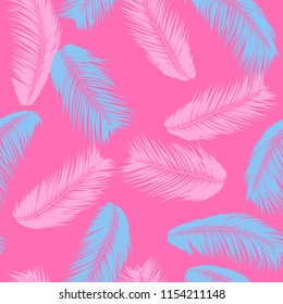 Feathers Seamless Pattern. Tropical Background. Jungle Foliage in Pastel Color Design. Abstract Exotic Wallpaper with Palm Leaves. Pink Feathers for Design, Cloth, Fabric, Textile. EPS10 Vector.