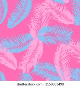 Feathers Seamless Pattern. Tropical Background. Jungle Foliage in Pastel Color Design. Abstract Exotic Wallpaper with Palm Leaves. Pink Feathers for Design, Cloth, Fabric, Textile. EPS10 Vector.
