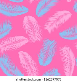 Feathers Seamless Pattern. Tropical Background. Jungle Foliage in Pastel Color Design. Abstract Exotic Wallpaper with Palm Leaves. Pink Feathers for Design, Cloth, Fabric, Textile. EPS10 Vector.