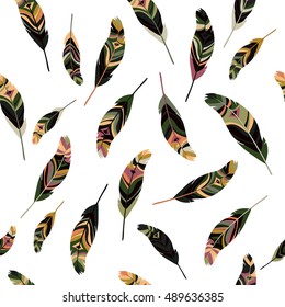 Feathers seamless pattern, t-shirt graphics, vector illustration
