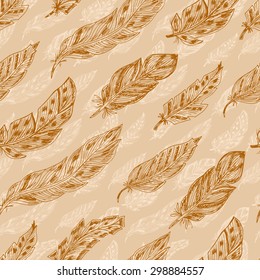 Feathers. Seamless pattern with Feathers. Vintage wallpaper. Hand Drawn Doodles background