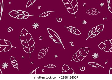 Feathers seamless pattern white on dark red background, doodle vector