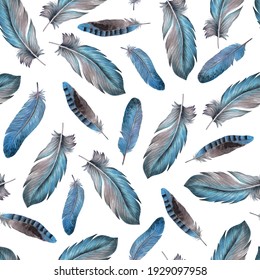 feathers seamless pattern.blue feathers on a white background. watercolor 