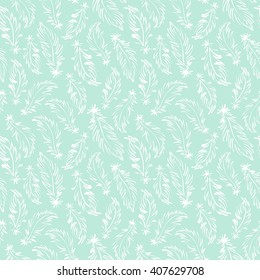 Feathers seamless vector background. Tiny hand drawn swan feathers endless texture. Boho style simple pattern. Mint green and white.