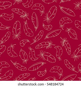 Feathers. Seamless vector pattern. Dark red background. 