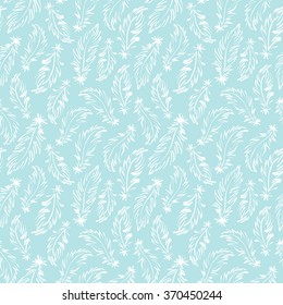 Feathers seamless vector pattern. Tiny hand drawn swan feathers endless texture. Boho style simple background. White feather drawing on blue background.