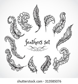 Feathers set. Collection of retro black and white hand drawn vector illustration. Card, print, postcard, poster, logo, tattoo