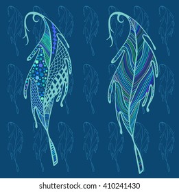 Feathers set of colored linear feathers and zentangle feathers