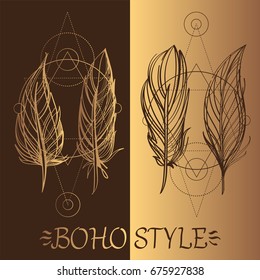 Feathers. A set of elements in the style of Boho. Contour illustrations for the creation of tattoos, coloring, clothing design and printed products.