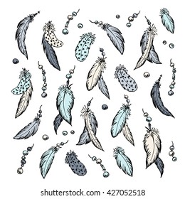 The feathers set. Hand drawn vector illustration.