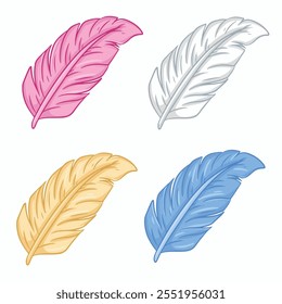 Penas colocadas isoladas em um fundo branco. Ilustração vetorial.