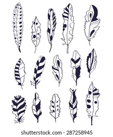 Feathers set - line hand drawn design with patterns