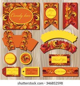 Feathers set of printable backgrounds to celebrate the party, birthday and wedding. Mock wrapping orange, yellow, red vector peacock feathers design. Candy bar packaging template. Vector illustration.