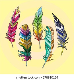 Feathers set vector hipster illustration hand drawn abstract art. Isolated on colorful background.