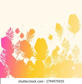 Feathers Silhouettes. Sunset pink, yellow and orange background. Colorful template