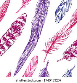 Feathers sketch. Hand drawn vector beautiful seamless pattern. Boho style.
