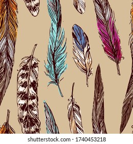 Feathers sketch. Hand drawn vector beautiful seamless pattern. Boho style.