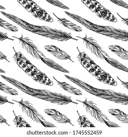 Feathers sketch. Hand drawn vector beautiful seamless pattern. Boho style.