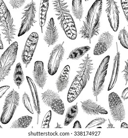 
Feathers sketch seamless pattern . Hand drawn vector illustration.