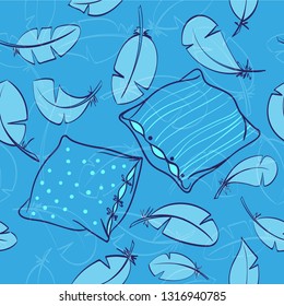 Feathers with a soft pillow seamless pattern. Cards for fabric design. Peacock feather seamless pattern.  Colored feathers pattern. Vector with sleep pattern isolated on a blue night background. Soft 