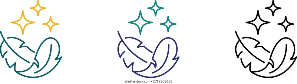 Feathers with sparkles icon set, magical symbols, colorful illustrations, decorative elements