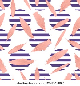 Feathers and striped circles. Abstract geometric seamless pattern of trendy color. Vector Modern design isolated on white background.