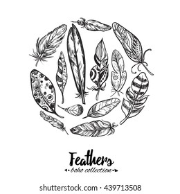 Feathers. Trendy illustrations from Boho collection. Isolated vector objects