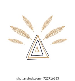 Feathers and triangle, vector illustration. Poster, postcard, print, sticker, label and other.