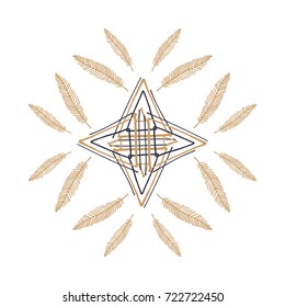 Feathers and triangles composition, vector illustration. Poster, postcard, print, sticker, label and other, temporary tattoo.