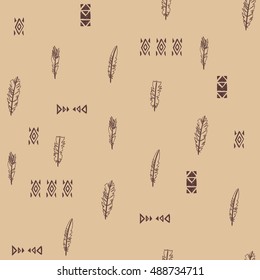 Feathers and tribal ornaments. Vector hand drawn pattern. Ethnic american indian ornamental background. Tribal seamless texture