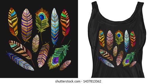 Feathers of tropical birds embroidery. Trendy apparel design. Template for fashionable clothes, modern print for t-shirts, apparel art