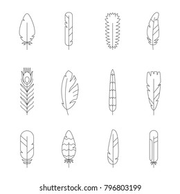 Feathers types outline icons vector set. Clean and simple design.