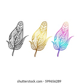 Feathers. Vector hand drawn illustration. Isolated objects on white. Boho style