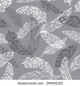 Feathers. Vector Seamless pattern of Hand Drawn Doodles Feathers.