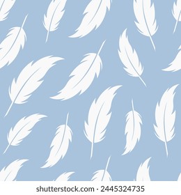 Feathers vector seamless pattern. White quills flying on blue background.