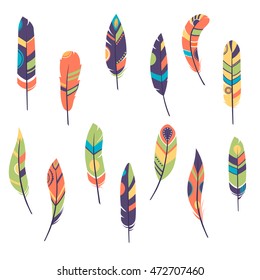 Feathers. Vector Set of Ethnic feathers, Tribal. bright background, illustration , dark and light feathers, boho design