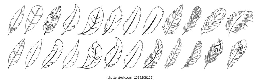 Feathers vector set in a flat style isolated on transparent background. Feathers for pen detailed isolated vector elegant silhouette sketch bird plume set