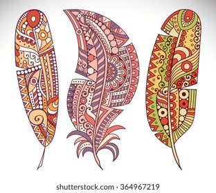 Feathers. Vintage decorative elements. Oriental pattern, vector illustration.  Islam, Arabic, Indian, Turkish, Pakistan, Chinese, Moroccan, Ottoman motifs
