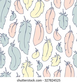 Feathers Vintage Seamless Pattern. Hand Drawn Doodles illustration