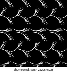 Feathers, white decorative elements on a black surface. Vector seamless pattern. Background illustration, decorative design for fabric or paper. Ornament modern