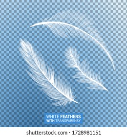 Las plumas, las plumas blancas esponjosas aisladas caen plumas con efecto transparente sobre el fondo azul transparente. Tejidos de plumas de plumas de ganso 3D realistas con plumaje de pelusa, volando y cayendo