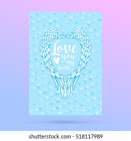 Feathers and wings frame in heart shape, with hearts, blue card for Valentines Day design.
