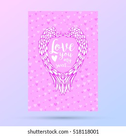 Feathers and wings frame in heart shape, with hearts, pink card for Valentines Day design.